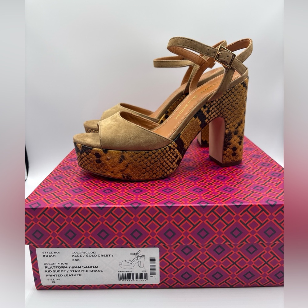 Tory Burch Tan Suede and Snake Print Platform Heels Sandals Size 8